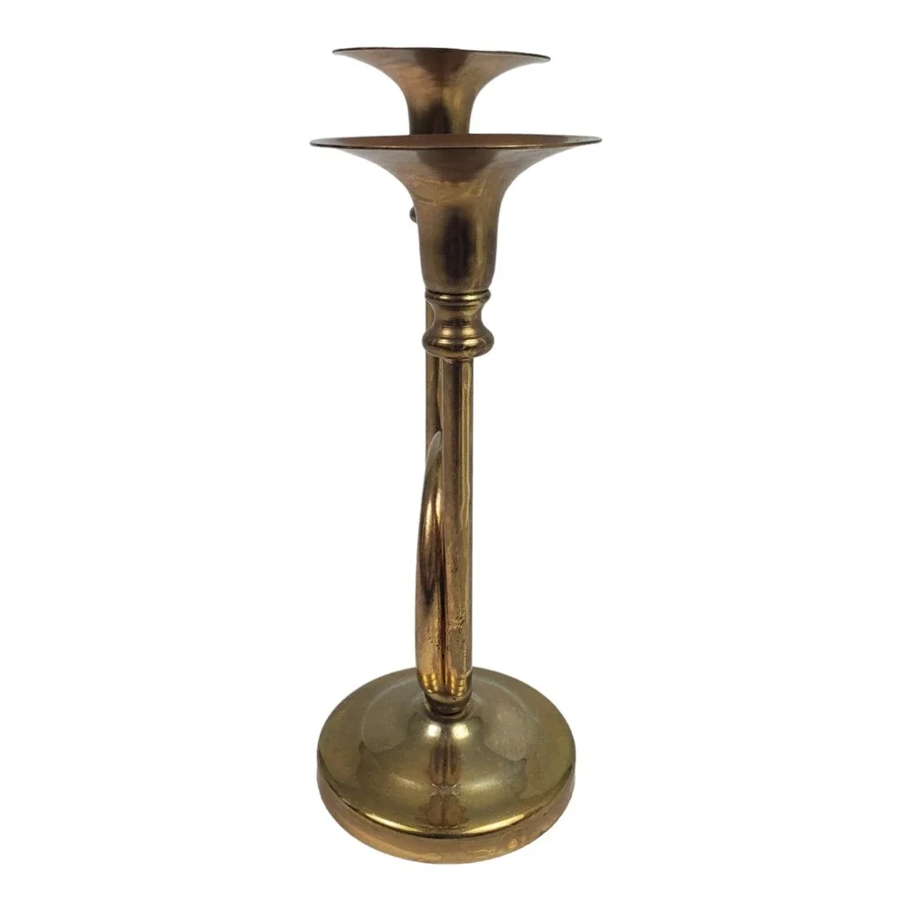 Vintage 2 Arm Trumpet Candle Holder Brass Candelabra Fox Hunting Horn Old Money